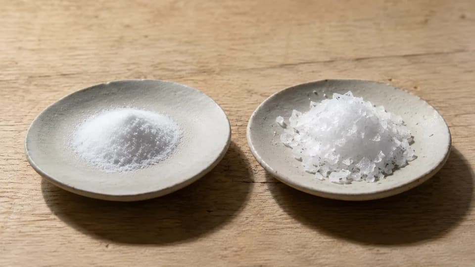 兩盤鹽對比,一盤精鹽一盤海鹽